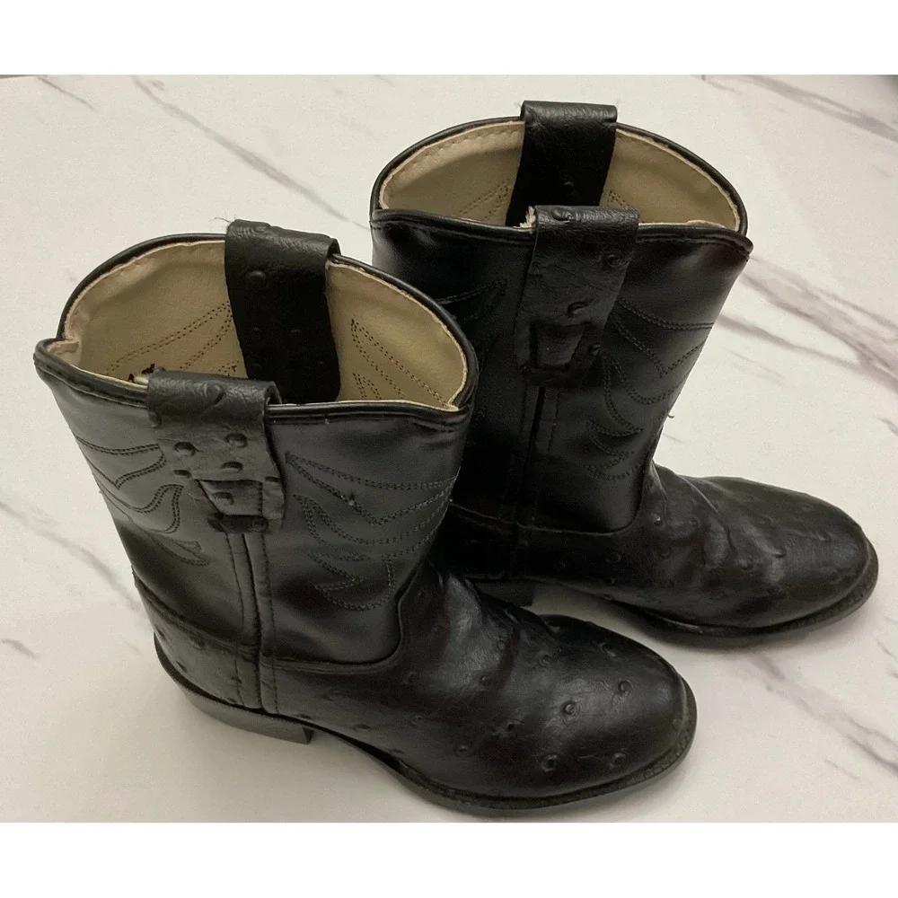 Old West Kids Black Faux Ostrich‎ Western Cowboy Boots Round Toe Size 7.5 2010